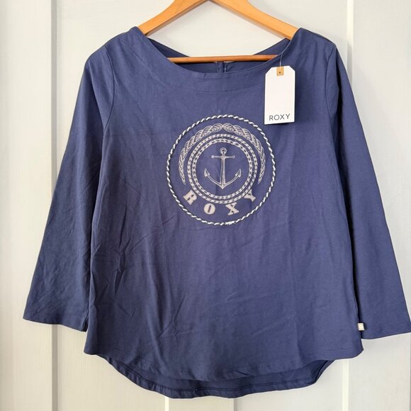 Roxy Womens Navy Blue Anchor Graphic Long Sleeve Top Cotton Size L - Picture 1 of 4